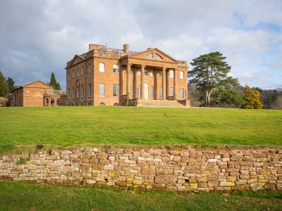 View of the West front showing the tetrastyle portico with Ionic columns at Berrington Hall, Herefordshire